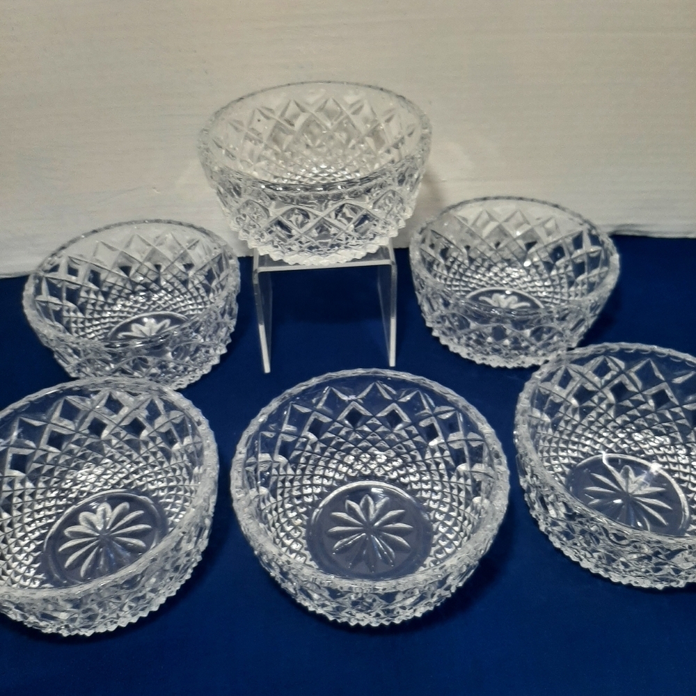 Set of 6 Cut Crystal Dessert Dishes. 4 x 2 in. .inimal damage on one dish.